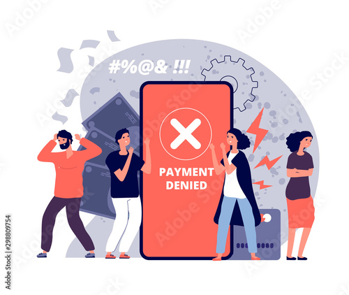 Payment error. Online card payments money transfer, check and reject web finances payment, customer cross marks failure vector concept. Illustration online card payment screen, transfer money error