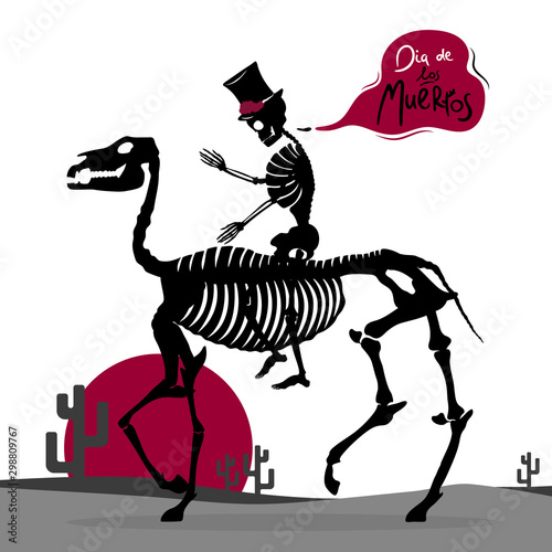 Human skeleton with hat with rose wreath riding a horse skeleton and with lettering Dia de los Muertos that means Day of the dead. Day of the dead holiday and Halloween symbol. Vector illustration.