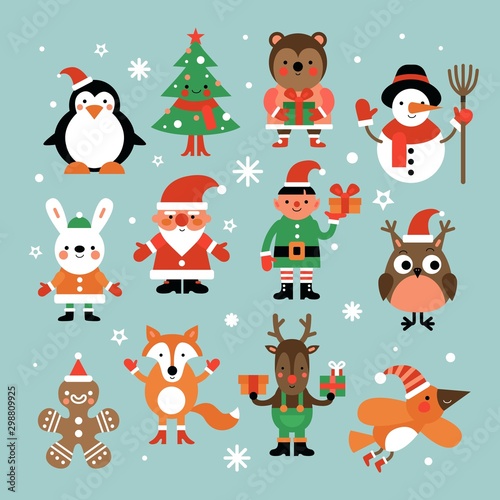 Christmas characters. Santa claus, fir-tree and penguin, snowman and elf, hare and owl, deer and gingerbread man cartoon vector set. Christmas snowman and penguin, deer elf illustration