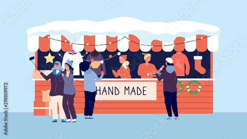 Winter xmas market. Happy Christmas handmade gifts clothes wreaths. Byers at counter vector illustration