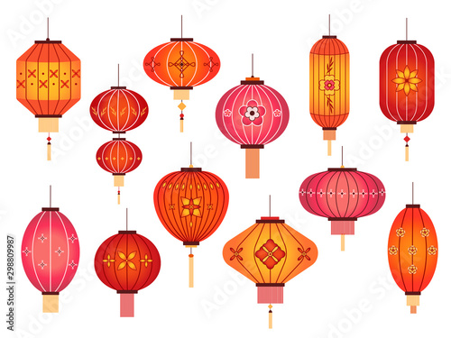 Chinese lanterns. Chinatown and japanese street holiday red lamp decoration. Asian traditional new year vector elements isolated on white