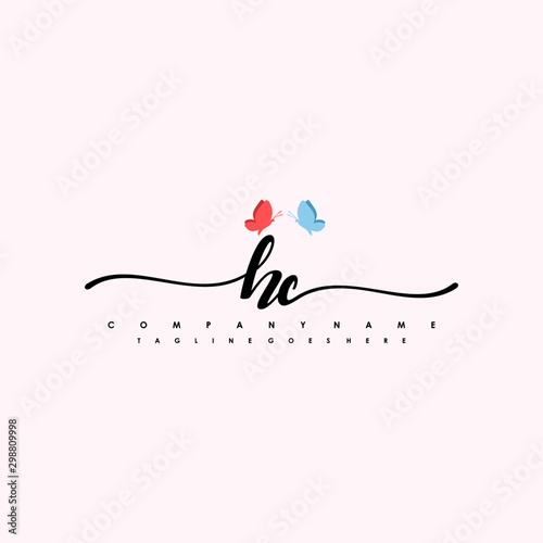 Initial HC with a butterfly on the handwriting Logo vector. Letter Logo Handwriting Template. two blue and ping butterflies