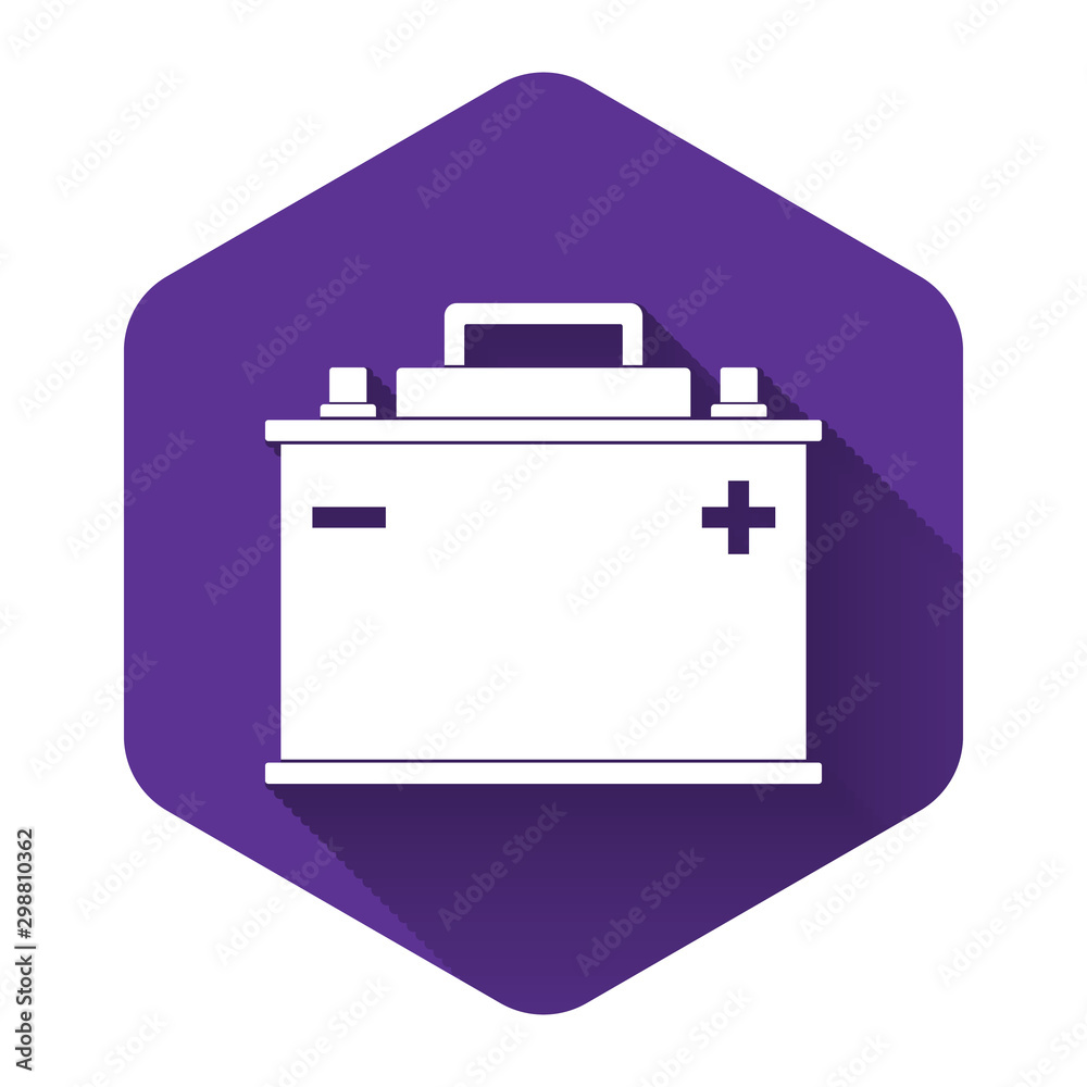 White Car battery icon isolated with long shadow. Accumulator battery energy power and electricity accumulator battery. Purple hexagon button. Vector Illustration