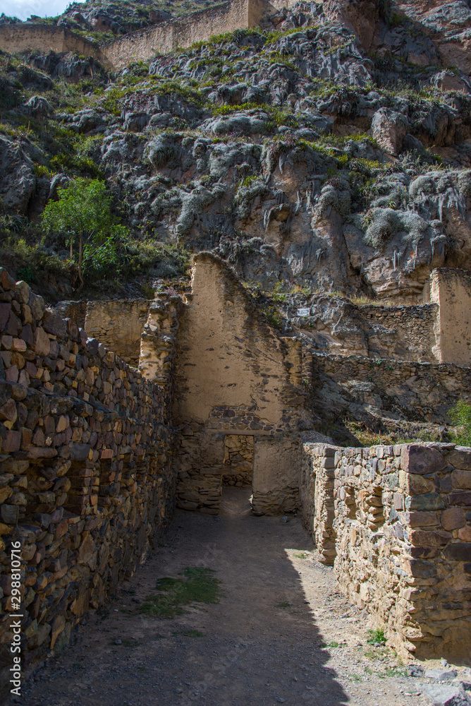 The ruins of the giant buildings and terraces near the town of Ollantaytambo (Peru)