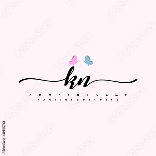 Initial KN with a butterfly on the handwriting Logo vector. Letter Logo Handwriting Template. two blue and ping butterflies