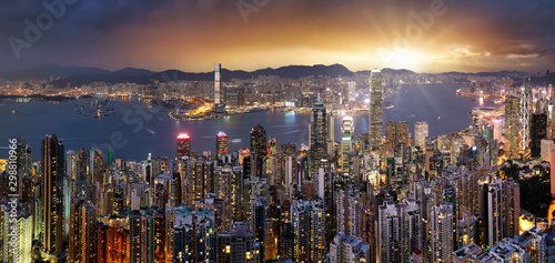 Photography Hong Kong skyline panorama at dramatic sunset, China - Asia