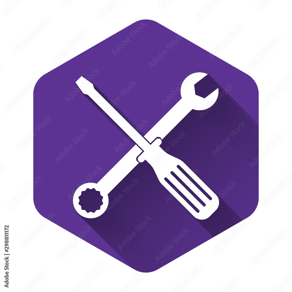 White Spanner and screwdriver tools icon isolated with long shadow. Service tool symbol. Purple hexagon button. Vector Illustration White Spanner and screwdriver tools icon isolated with long shadow. Service tool symbol. Purple hexagon button. Vector Illustration