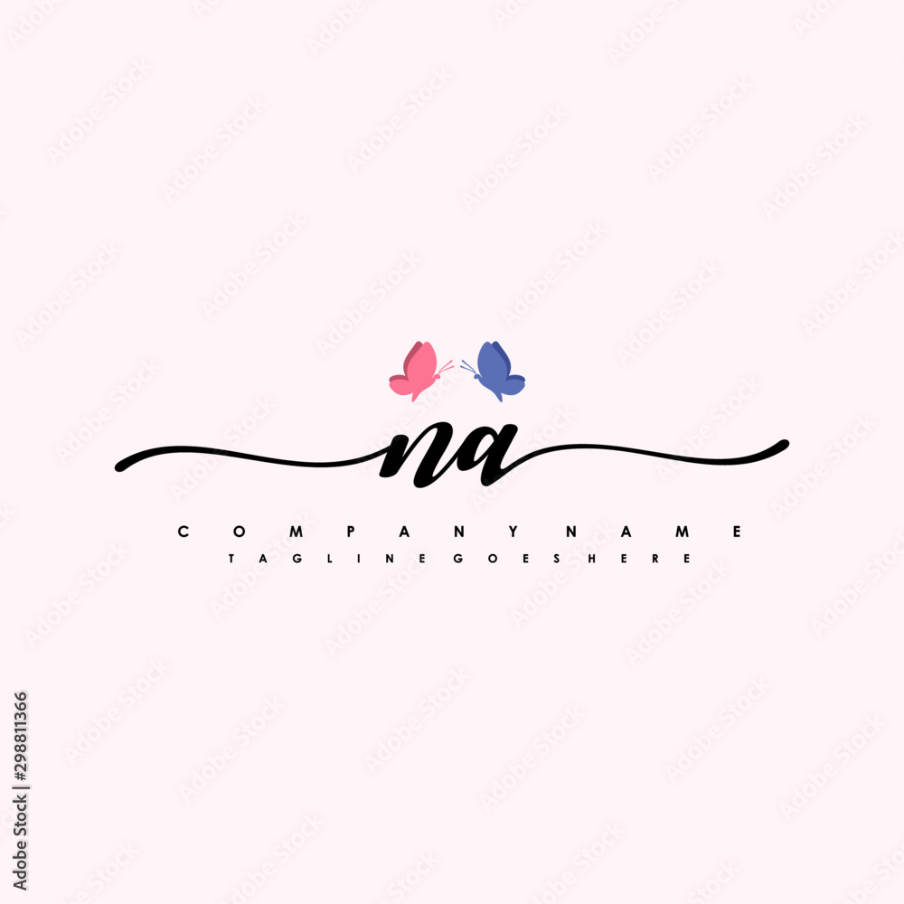 Initial NA with a butterfly on the handwriting Logo vector. Letter Logo Handwriting Template. two blue and ping butterflies Initial NA with a butterfly on the handwriting Logo vector. Letter Logo Handwriting Template. two blue and ping butterflies