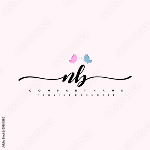 Initial NB with a butterfly on the handwriting Logo vector. Letter Logo Handwriting Template. two blue and ping butterflies