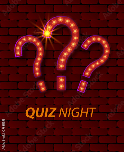 Quiz night announcement poster design web banner background vector illustration. Pub quiz held in a pub or bar, night club. Modern pub team game. Questions game shining retro light banner