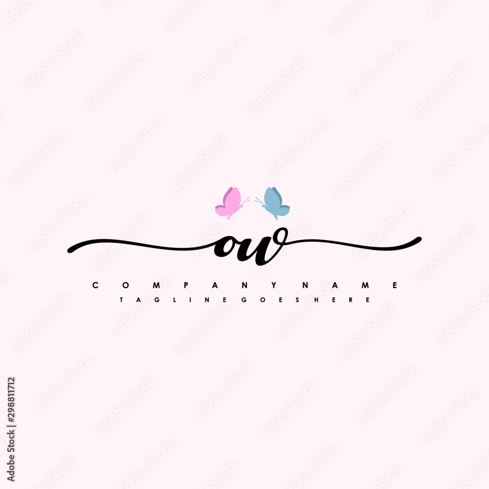 Initial OW with a butterfly on the handwriting Logo vector. Letter Logo Handwriting Template. two blue and ping butterflies Initial OW with a butterfly on the handwriting Logo vector. Letter Logo Handwriting Template. two blue and ping butterflies