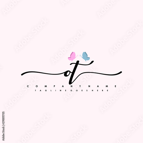 Initial OT with a butterfly on the handwriting Logo vector. Letter Logo Handwriting Template. two blue and ping butterflies