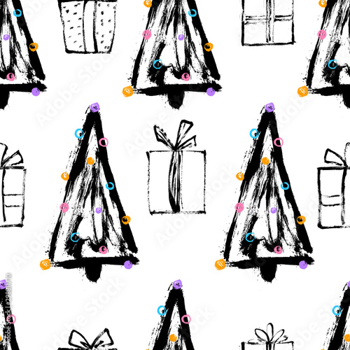 Seamless hand drawn Pattern with Christmas tree and gift boxes. Vector illustration for your design.  Perfect for wallpapers, pattern fills, web page backgrounds, surface textures, textile