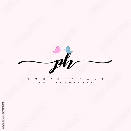 Initial PH with a butterfly on the handwriting Logo vector. Letter Logo Handwriting Template. two blue and ping butterflies