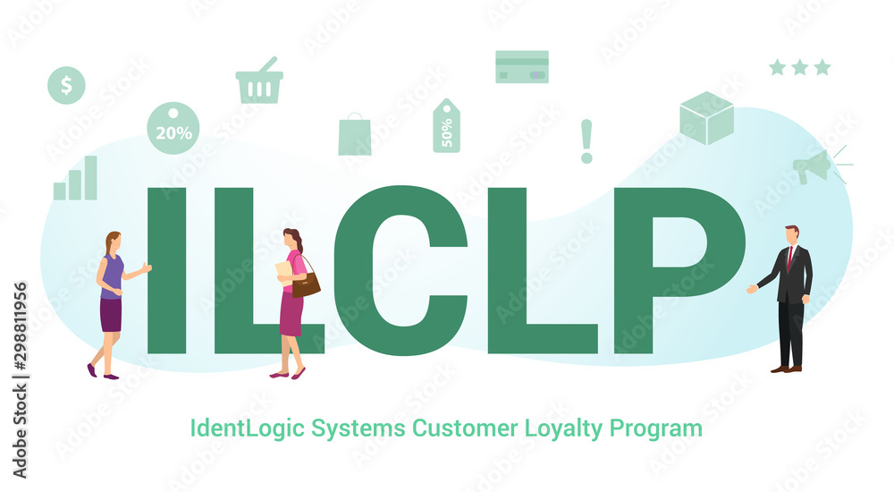 ilclp identlogic systems customer loyalty program concept with big word or text and team people with modern flat style - vector ilclp identlogic systems customer loyalty program concept with big word or text and team people with modern flat style - vector