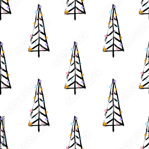 Seamless hand drawn Pattern with Christmas tree. Vector illustration for your design.  Perfect for wallpapers, pattern fills, web page backgrounds, surface textures, textile
