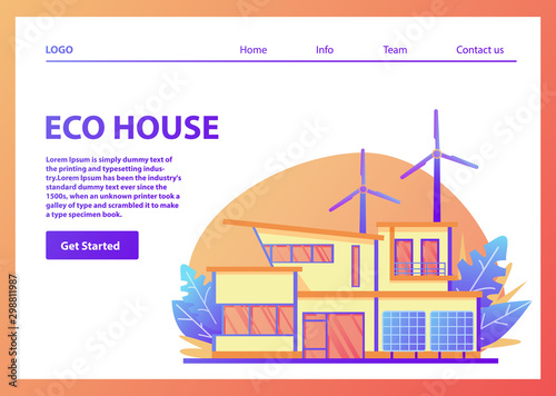 Landing page template.Green energy eco friendly suburban american house.Solar panel, wind power turbine.Flat vector.Web page.Website template.