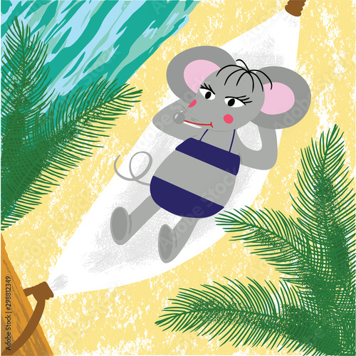Rat or mouse has vacation on the beach near the sea or ocean under palms. Cartoon style digital drawing for calendar 2020, symbol of the new year, vector
