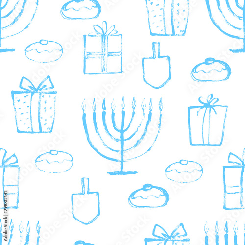 Seamless Hanukkah blue pattern with wooden dreidels, donuts, gift boxes and menorah (traditional Candelabra). Happy Hanukkah, Jewish holiday background