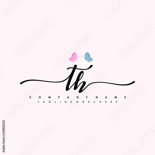 Initial TH with a butterfly on the handwriting Logo vector. Letter Logo Handwriting Template. two blue and ping butterflies