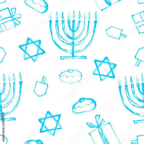 Seamless Hanukkah blue pattern with wooden dreidels, donuts, gift boxes and menorah (traditional Candelabra). Happy Hanukkah, Jewish holiday background