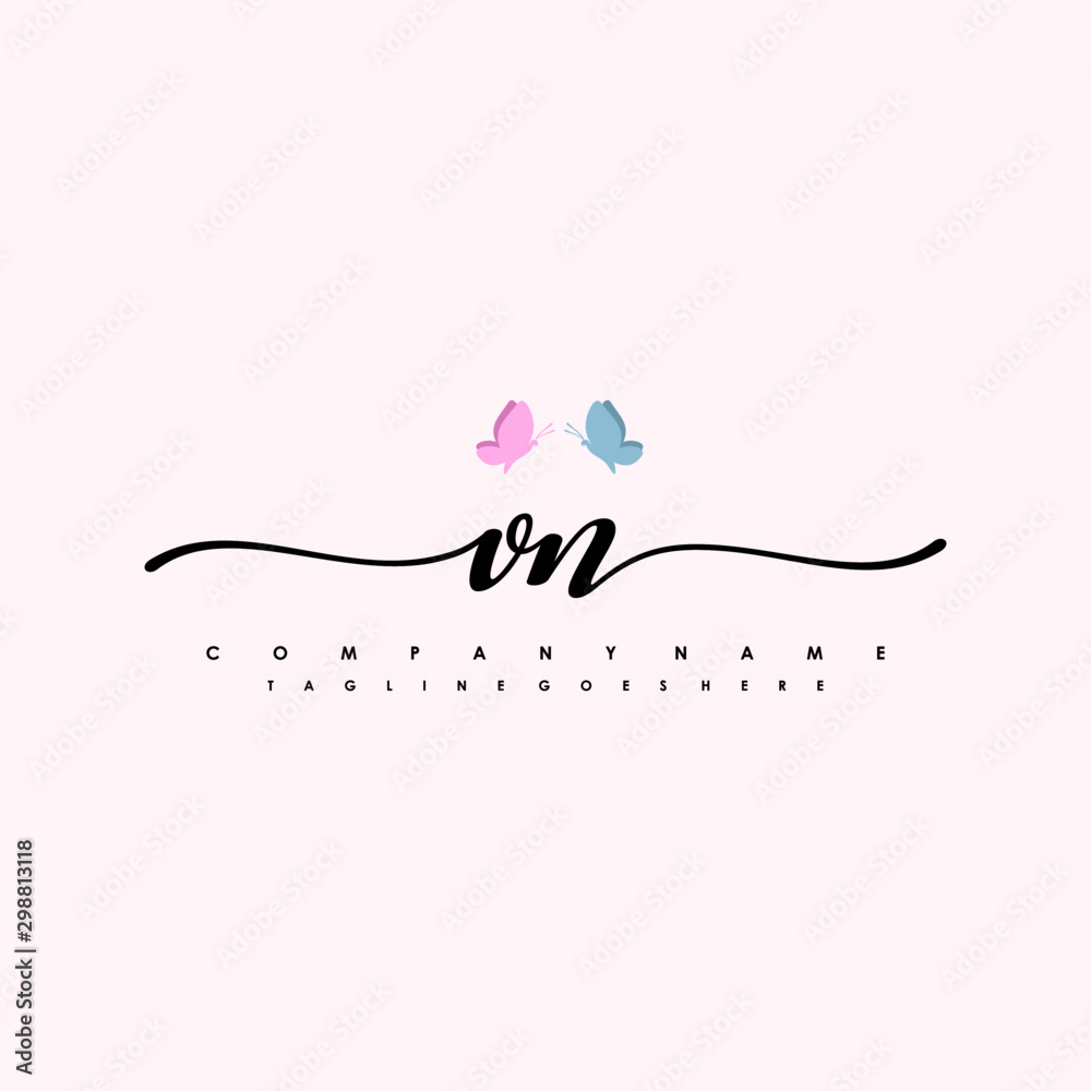 Initial VN with a butterfly on the handwriting Logo vector. Letter Logo Handwriting Template. two blue and ping butterflies Initial VN with a butterfly on the handwriting Logo vector. Letter Logo Handwriting Template. two blue and ping butterflies