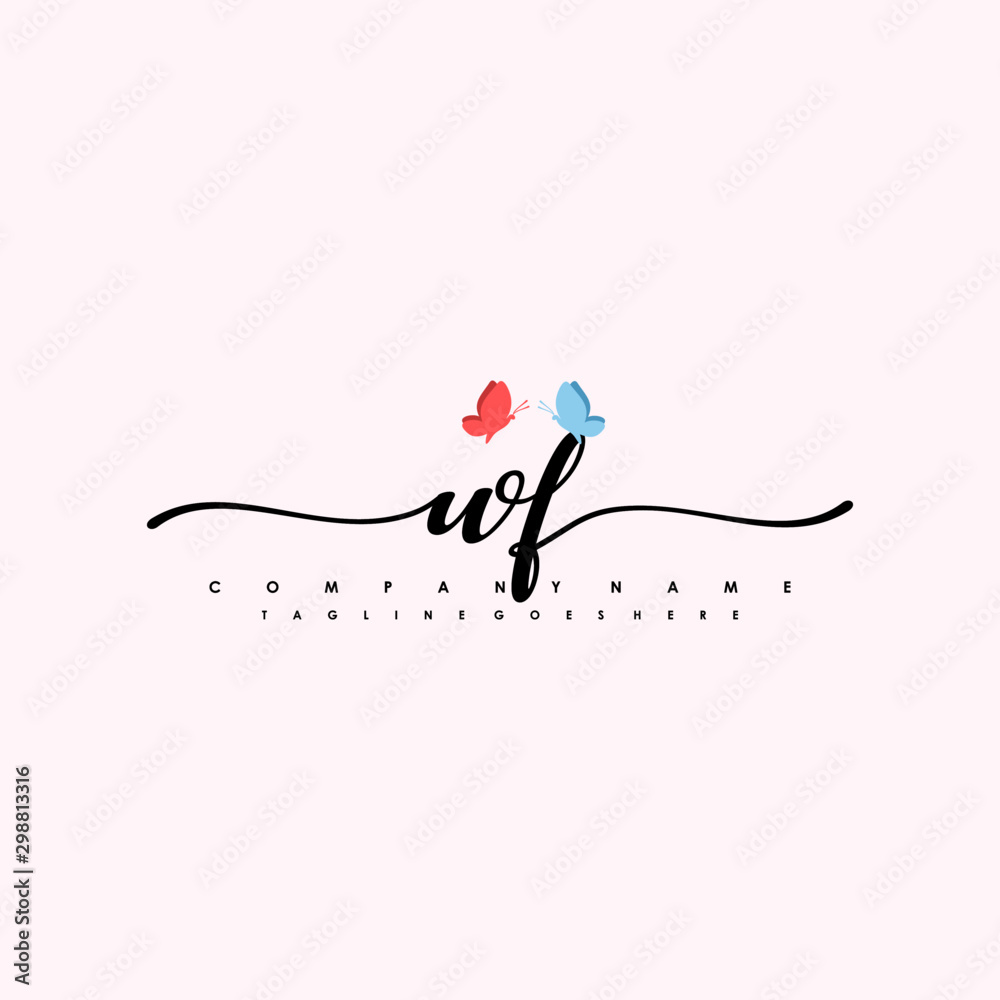 Initial WF with a butterfly on the handwriting Logo vector. Letter Logo Handwriting Template. two blue and ping butterflies Initial WF with a butterfly on the handwriting Logo vector. Letter Logo Handwriting Template. two blue and ping butterflies