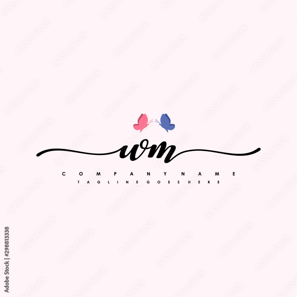 Initial WM with a butterfly on the handwriting Logo vector. Letter Logo Handwriting Template. two blue and ping butterflies Initial WM with a butterfly on the handwriting Logo vector. Letter Logo Handwriting Template. two blue and ping butterflies