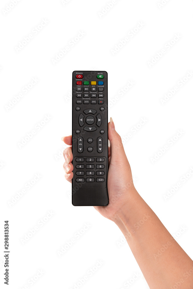 Hand holding remote control TV isolated on white background. Hand holding remote control TV isolated on white background.
