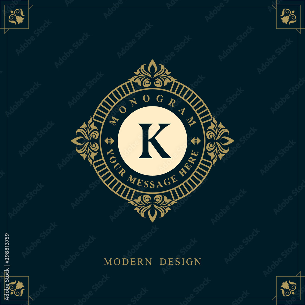 Luxury Round Emblem. Capital Letter K. Linear Monogram. Elegant Modern Logo. Calligraphic Design. Vintage Ornament. Graphics Style. Flourishes Boutique Brand. Creative Royal Mark. Vector illustration