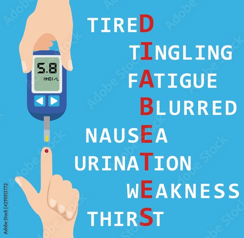 Diabetes illustration, man holds in hand glucometer measures blood sugar level.