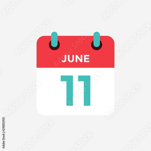 Flat icon calendar 11 of June. Date, day and month. Vector illustration.
