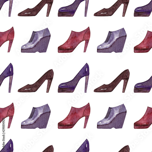 Watercolor background with different kinds of seasonal shoes