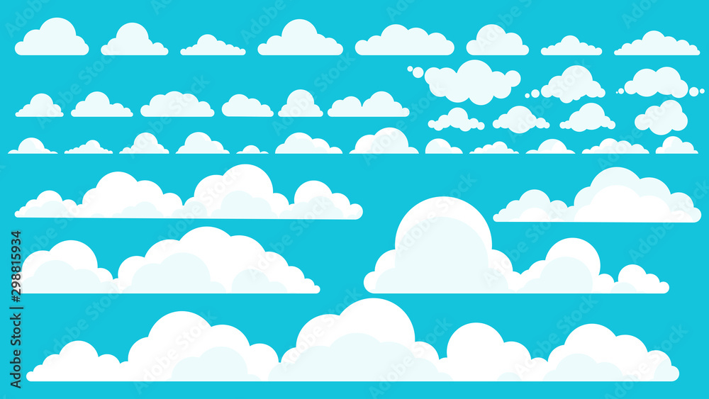 Set of large rain white clouds in a flat style Set of large rain white clouds in a flat style