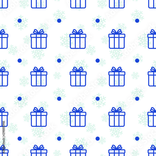 Vector seamless pattern with blue gift boxes on white background. Holiday design for greeting card, gift box, fabric, wallpaper, wrapping paper, web design.
