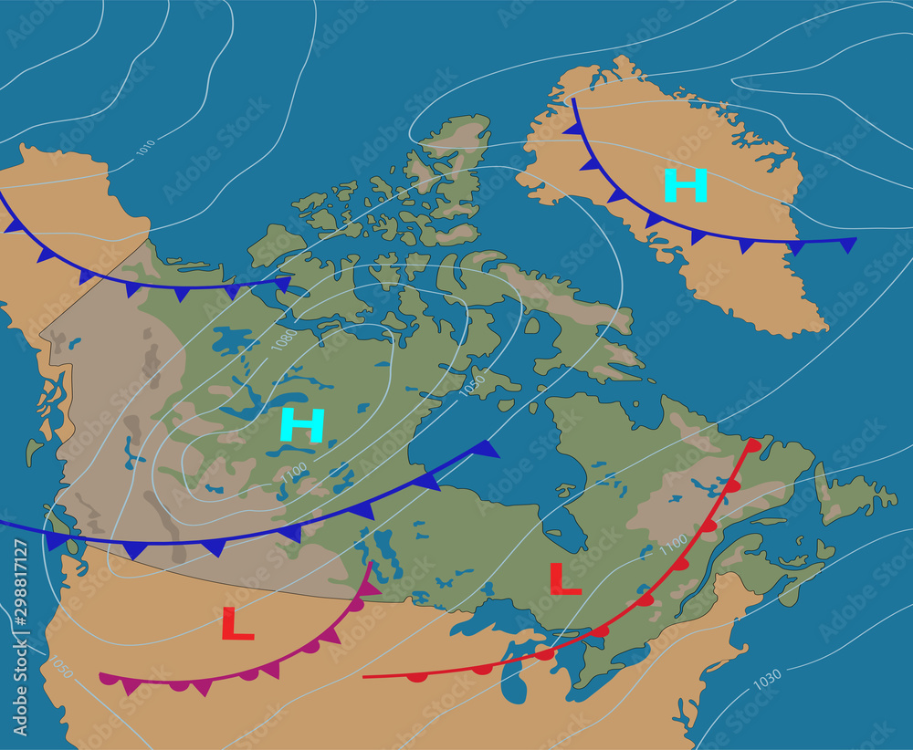 Weather map of the Canada. Realistic synoptic map of the country showing isobars and weather fronts.Canada bordered by USA and Alaska. Meteorological forecast. Vector illustration. EPS 10