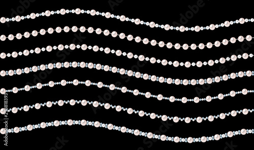 Set of pearl wavy strings isolated on black background. Seamless horizontal vector dividers for decoration, wedding invitation or greeting cards, banners.