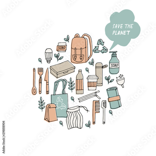 Vector illustration zero waste, recycle, eco friendly tools, collection of ecology icons with slogans. Concept with bundle vector label.