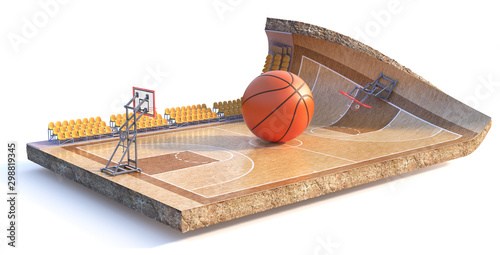Fototapeta Naklejka Na Ścianę i Meble -  Sport concept. Basketball field on a piece of ground isolation on a white background. 3d illustration