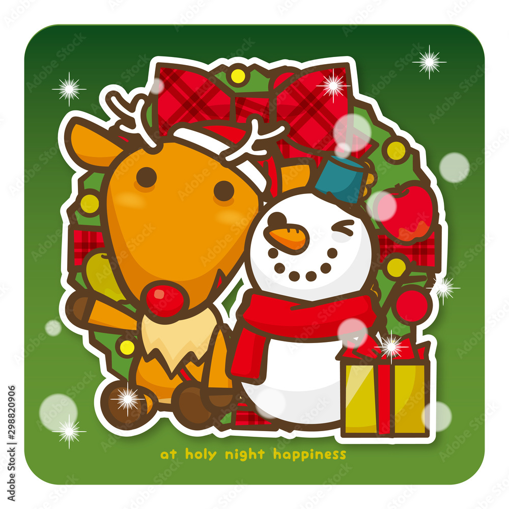 クリスマスリース+トナカイと雪だるま（緑）