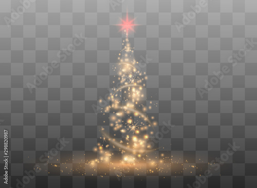Shiny Christmas tree vector illustration with glowing particles and stars.