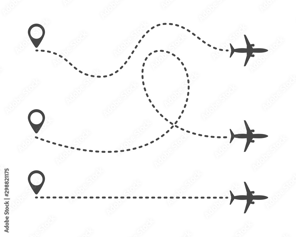 Multiple aircraft routes with dotted lines. Traveler tracks marked with dotted lines. Aircplane tracking on route on white background Multiple aircraft routes with dotted lines. Traveler tracks marked with dotted lines. Aircplane tracking on route on white background