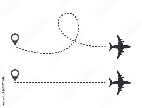 Multiple aircraft routes with dotted lines. Traveler tracks marked with dotted lines. Aircplane tracking on route on white background