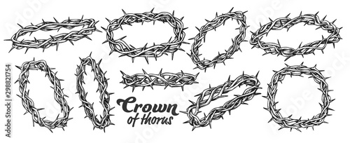 Valokuva Crown Of Thorns Religious Symbols Set Ink Vector