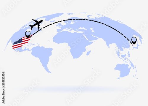 Flight from USA to South Korea above world map. Airplane arrives to South Korea. The world map. Airplane line path. Vector illustration. EPS 10