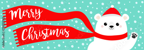 Merry Christmas banner. White polar bear waving hand paw print. Red hat, scarf. Cute cartoon funny kawaii baby character. Happy New Year. Greeting Card. Flat design. Blue snow background.