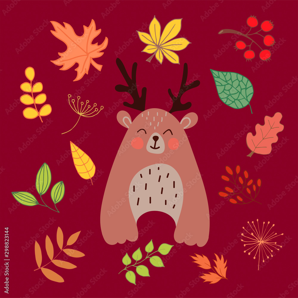 Сute scandinavian brown bear with deer horns in the autumn forest Сute scandinavian brown bear with deer horns in the autumn forest