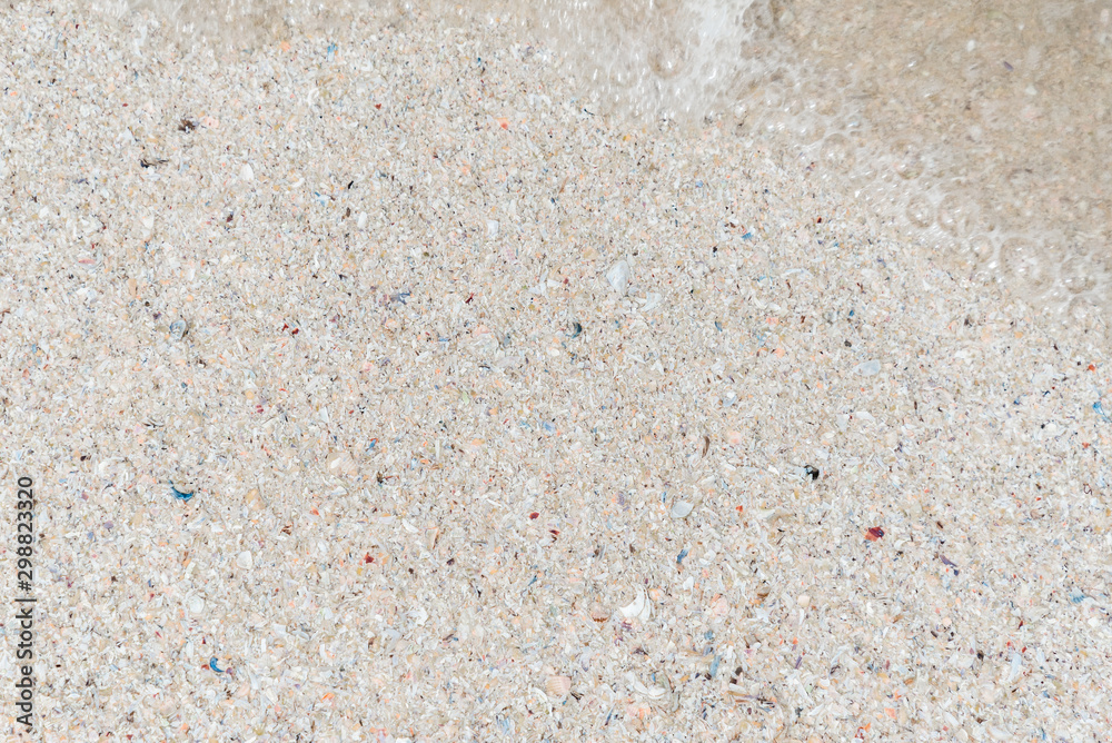 The view from the top. Summer beach, sea background of sand and clear water with foam on the ocean. The concept of vacation, vacation, travel services, background for the subject flat lay. Copy space The view from the top. Summer beach, sea background of sand and clear water with foam on the ocean. The concept of vacation, vacation, travel services, background for the subject flat lay. Copy space