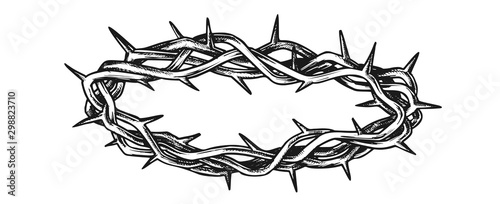 Crown Of Thorns Religious Symbol Vintage Vector. Crown Is Symbolic Reminder Of Suffering Jesus Endured To Redeem Human Sins. Engraving Concept Template In Retro Style Black And White Illustration