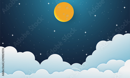 night sky with stars and moon. paper art style.Vector of a crescent moon with stars on a cloudy night sky. Moon and stars background.Vector EPS 10.